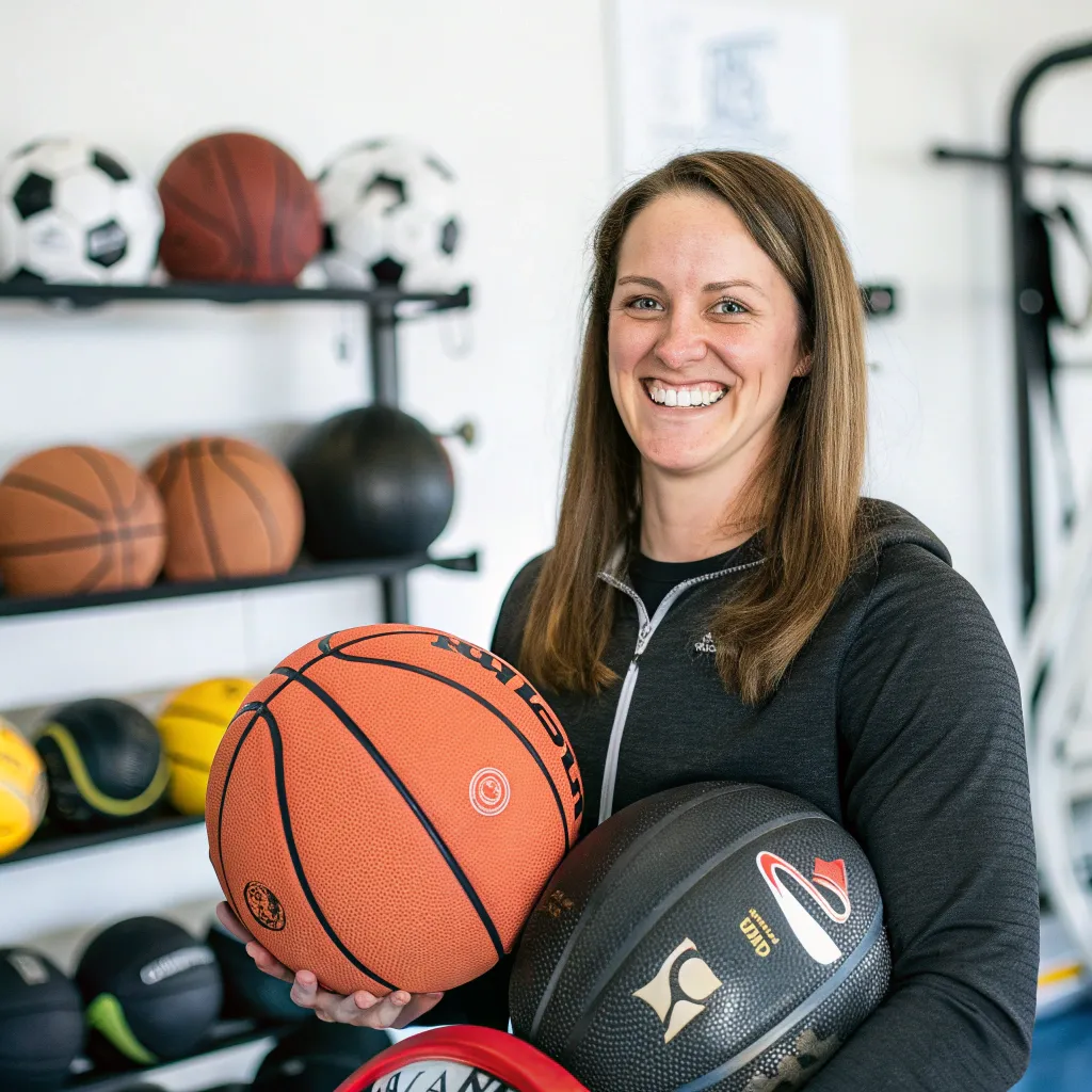 Smiling customer Emily Davis holding sports equipment